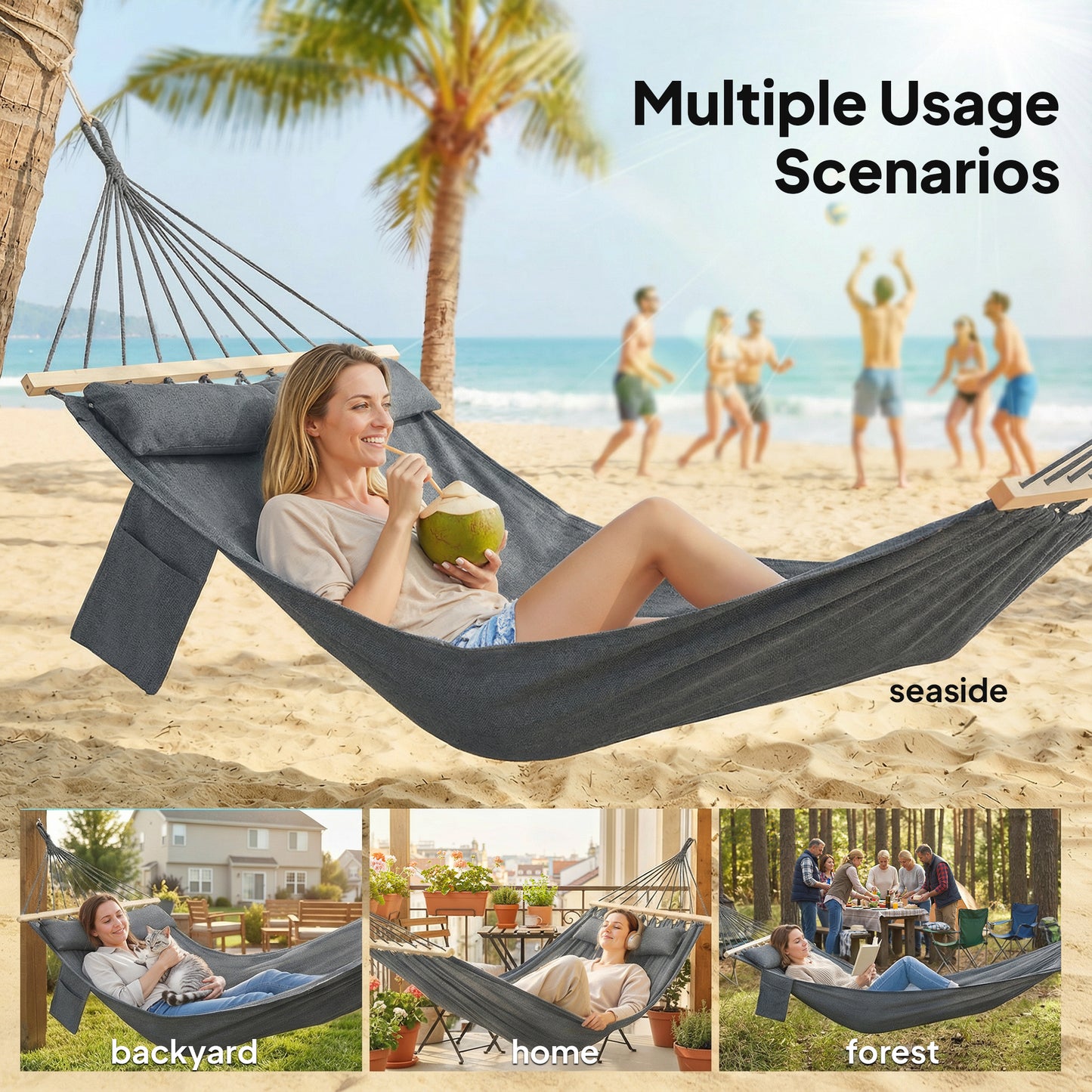 Cotton Hammock | 270x80cm | Headrest | Side Pocket | Hardwood Spreader Bar | Hanging Straps | Portable & Foldable | 120kg | Dark Grey
