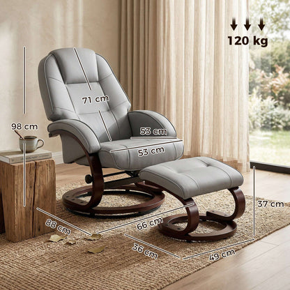 Swivel Recliner Chair & Footstool | PU Leather | 360° Swivel | 135° Recline | Bent Wood Frame | 120kg | Grey