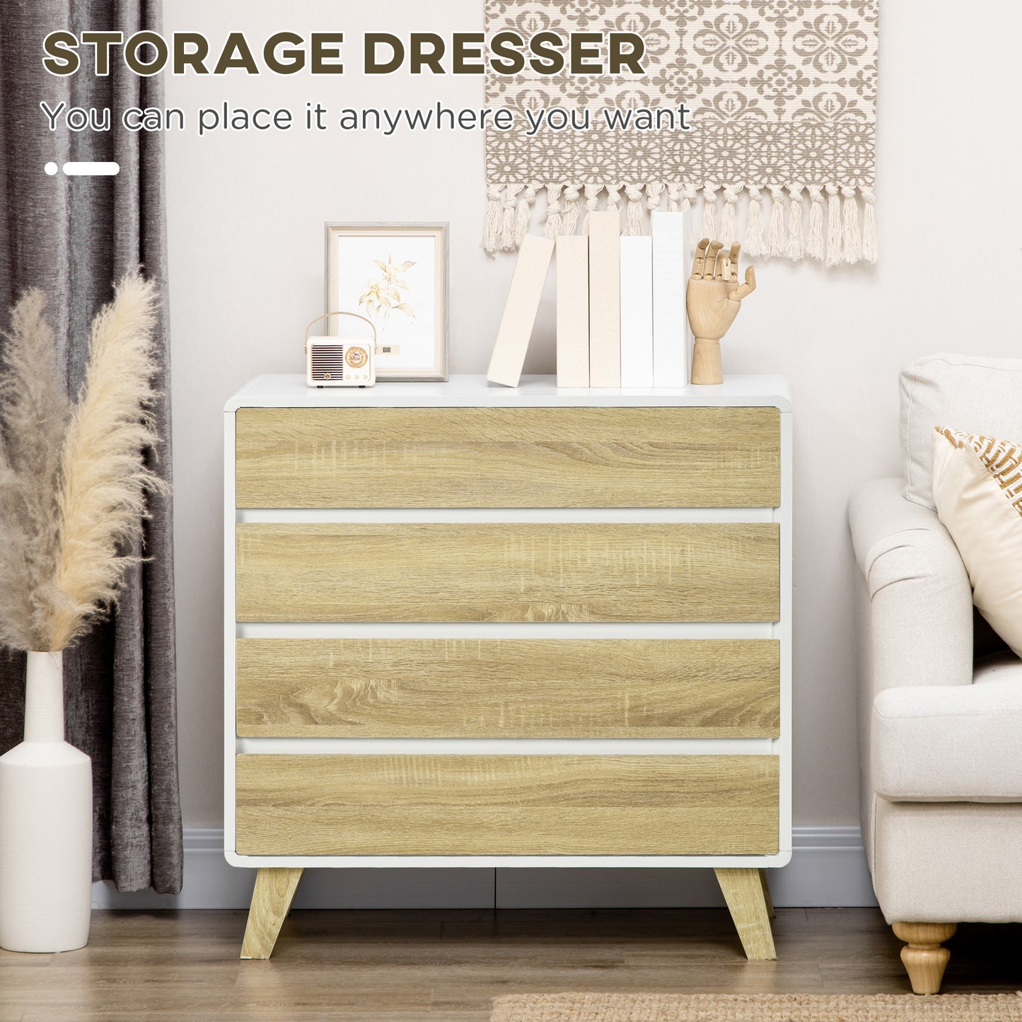 Retro Vintage Style Chest of Four Drawers - Wood-Effect/White