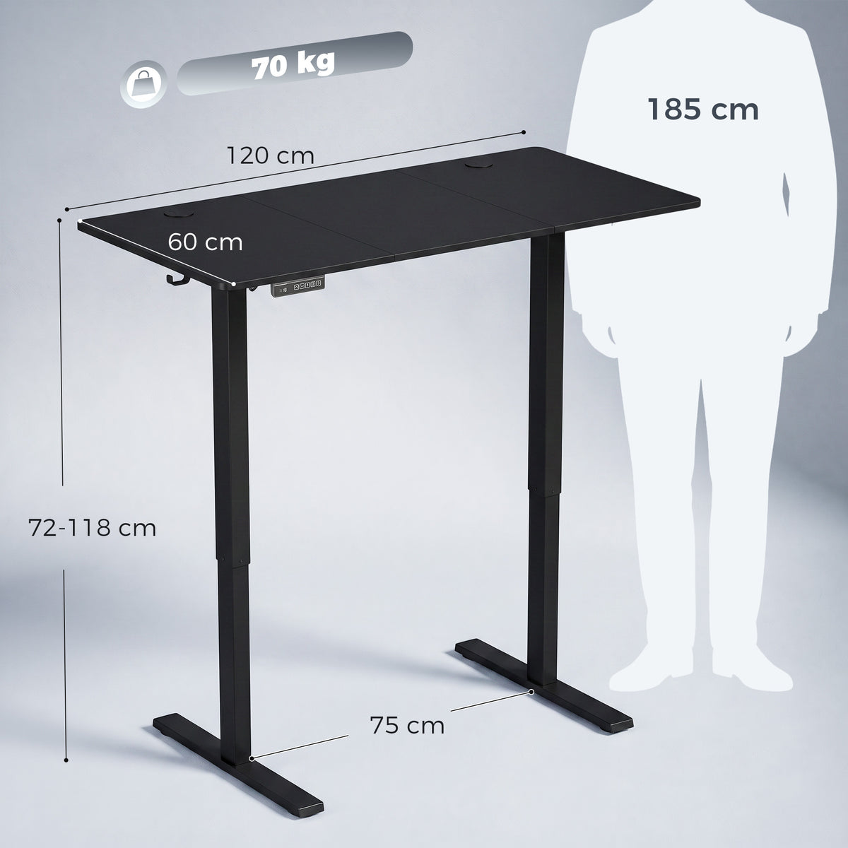 Electric Sit-Stand Desk | Black or White | 120x60cm | Height 72–118cm | LED Panel | 3 Memory Presets | Anti-Collision | Child Lock | 2 Cable Holes | 70kg | 20,000-Cycle Motor