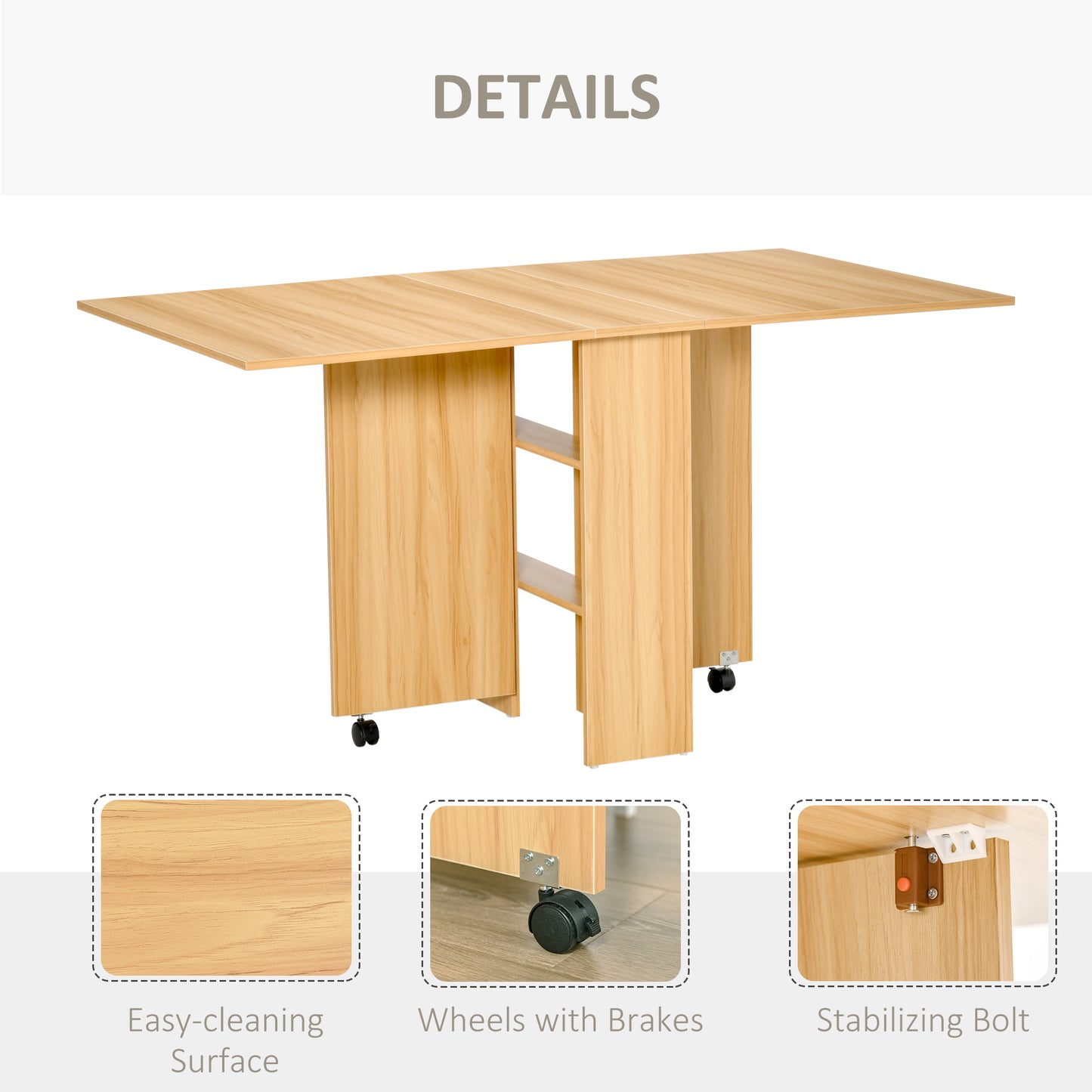 Retro Style Folding Dining Table, Drop Leaf Table for Small Spaces, Foldable Rectangular Tabletop with Storage Shelves for Kitchen, Dining Room, Teak