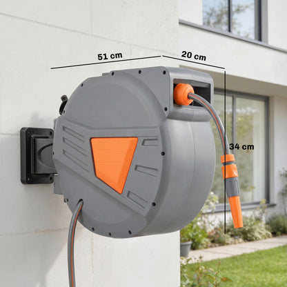 Wall Mounted Retractable Garden Hose Reel | 20+1.6m | Auto Retract & Self-Locking | 180° Swivel Bracket | Dual Spray Modes | 8 Bar Working Pressure | 51x20x34cm | Orange
