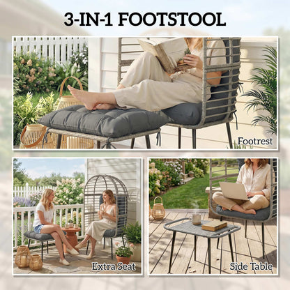 Rattan Egg Chair & Footstool Set | 11cm Tufted Cushions | UV & Weather Resistant PE Rattan | Powder-Coated Steel Frame | 120kg Capacity | Adjustable Feet | Indoor & Outdoor | Light Grey