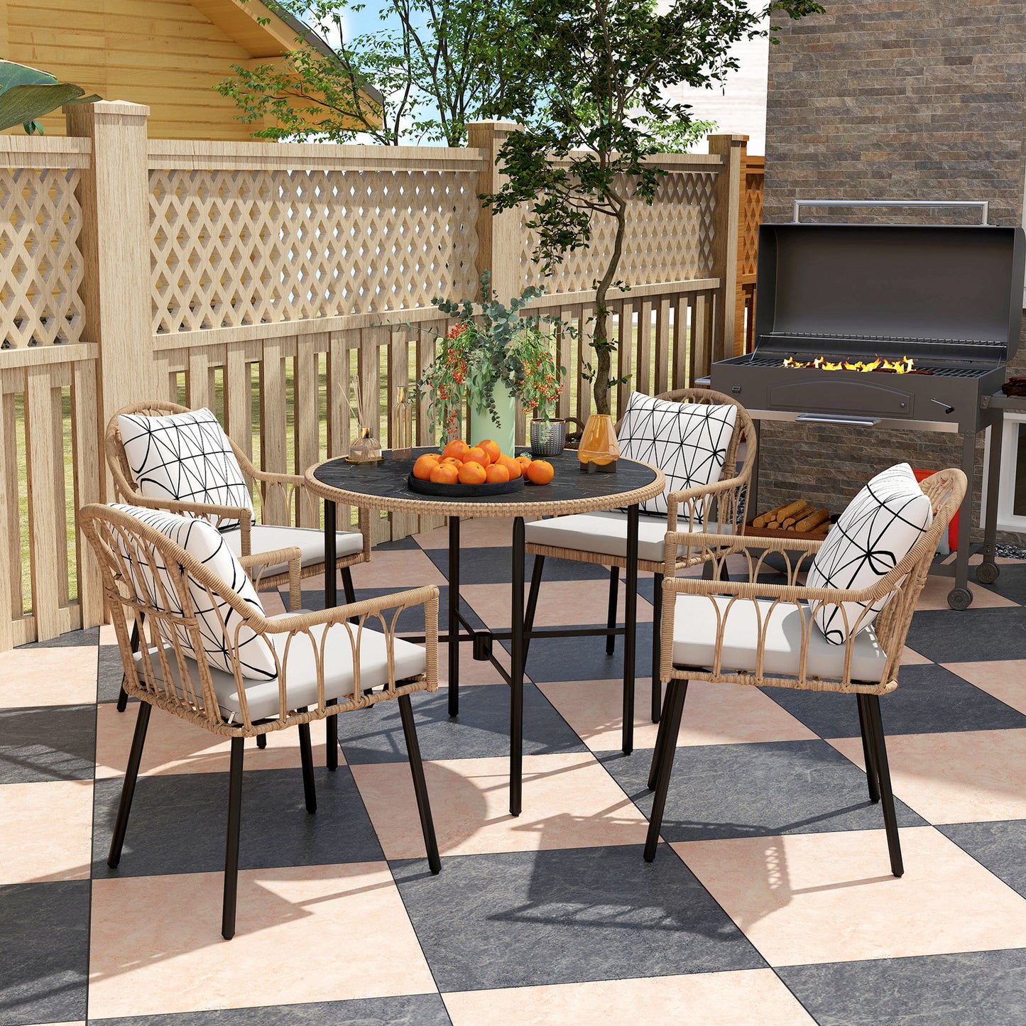 5 Piece Patio Rattan Dining Set, Wicker Garden Table & Chairs w/ Removable Seat & Back Cushions, Round Tempered Glass Tabletop, Parasol Hole