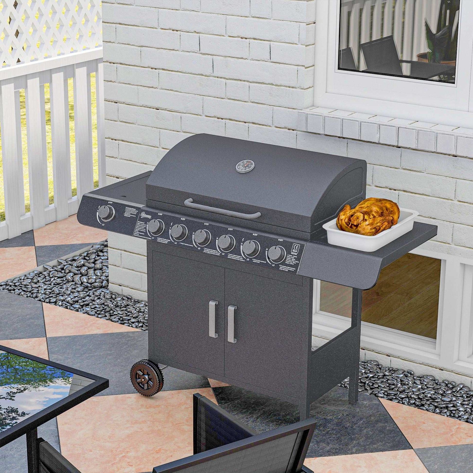 6+1 Burner Gas BBQ Grill, Outdoor Barbecue Trolley with Wheels, Warming Rack, Side Shelves, Cabinet, Thermometer for Garden, Party, Camping