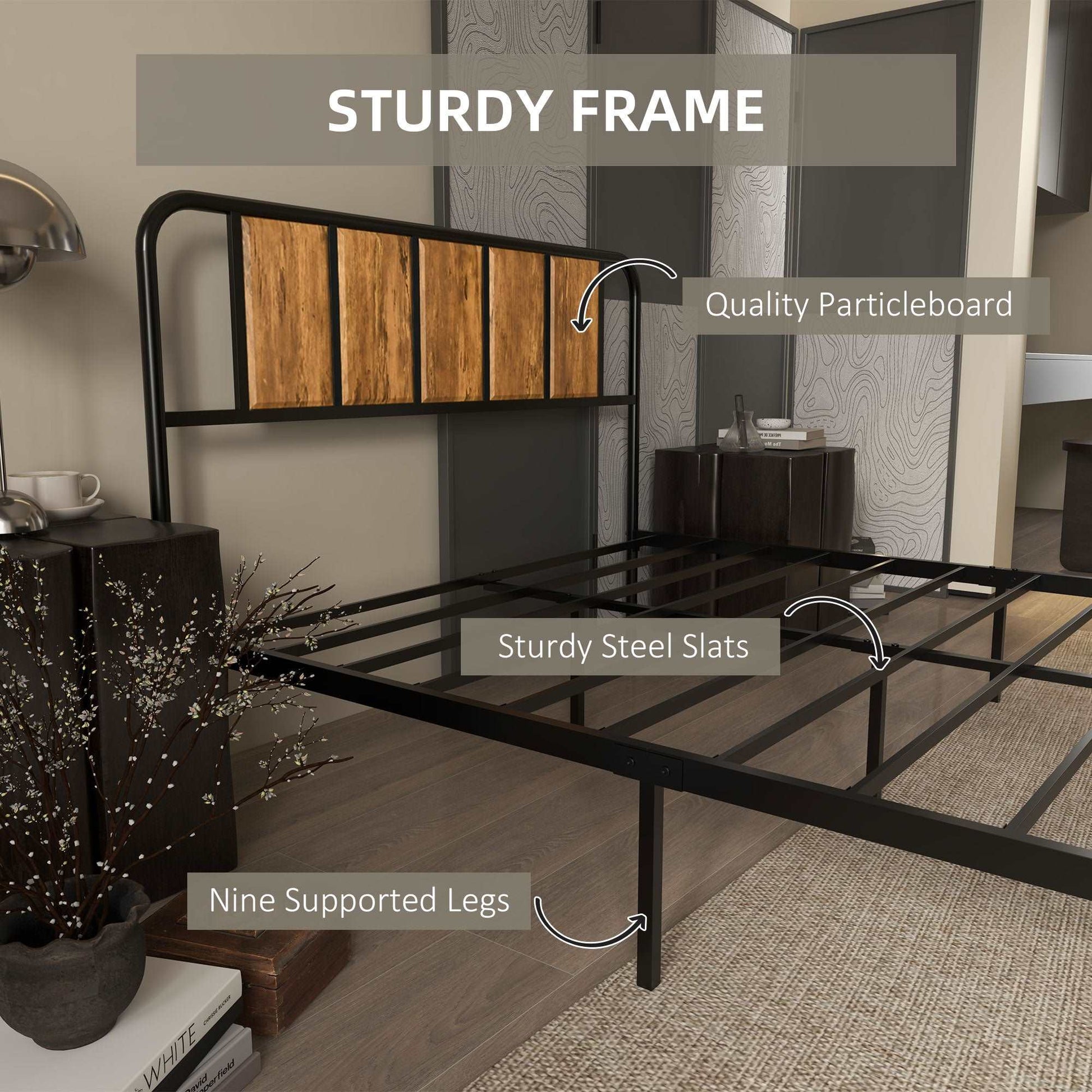 25.5cm Retro Double Bed Frame, Industrial Bed Base with Headboard, Footboard, Steel Slat Support and Under Bed Storage, 145 x 199cm, Rustic Brown