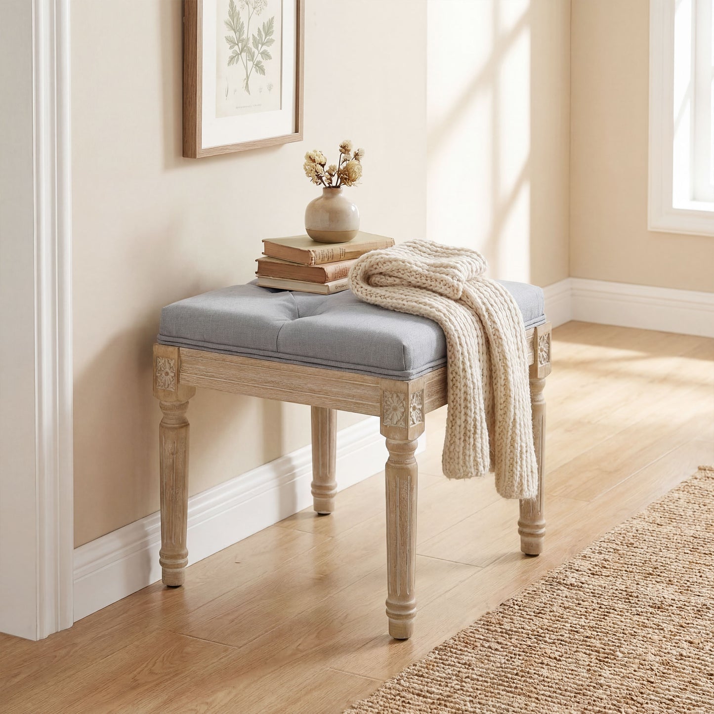 Vintage Retro Style Foot Stool, Tufted Square Footrest with Wood Legs, Light Grey
