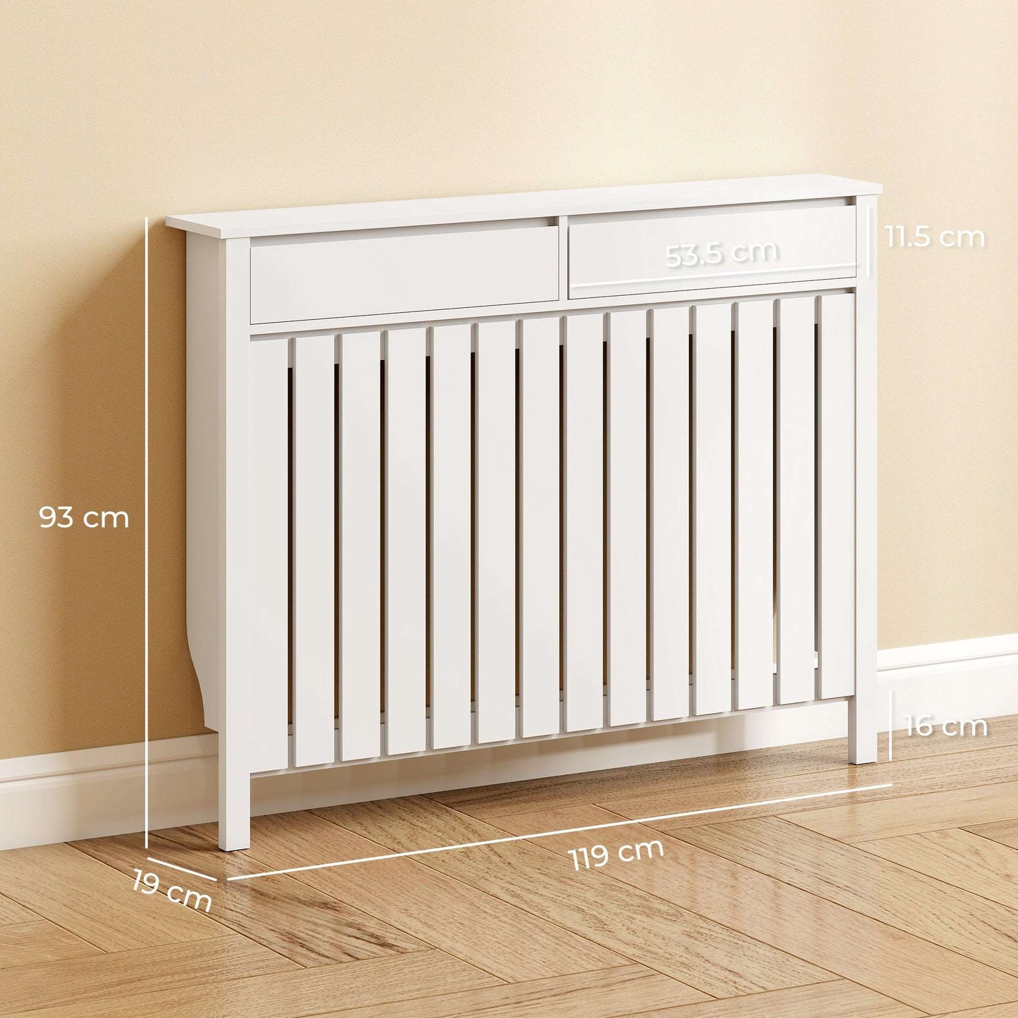 MDF & Particle Board Radiator Cover with 2 Drawers | Vertical Slats | Flat Top Display Surface | Wall Mountable | Pre-Cut Outs | 18kg Capacity | 119x19x93cm | White