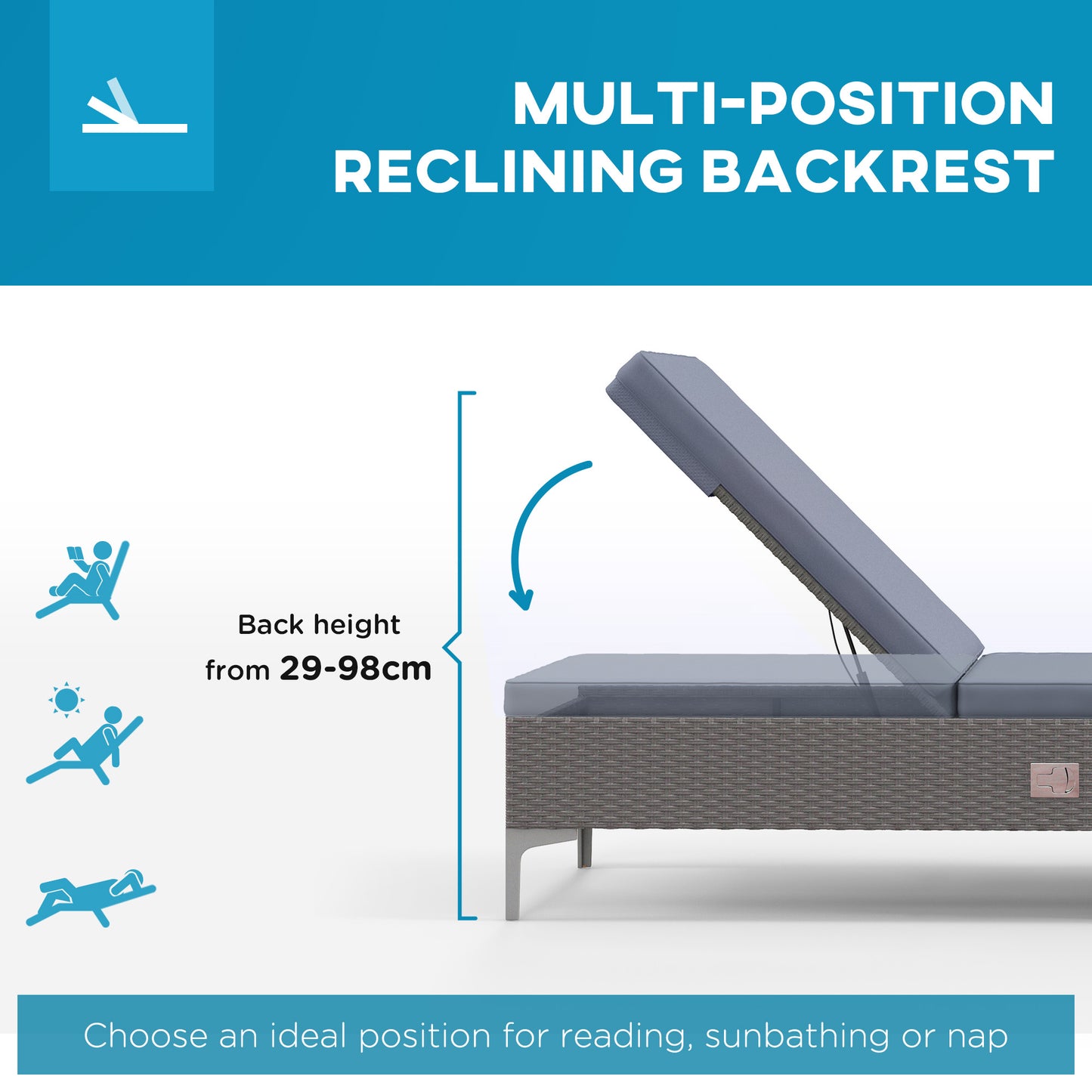 Outdoor Sun Lounger Set of 2, Multi-position Backrest Adjustable Sunbed Daybed with Removeable & Washable Cushion, for Patio, Garden, Dark Grey