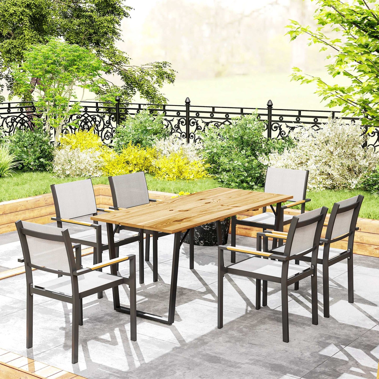Garden Table for 6, 175 x 80 cm Large Rectangle Outdoor Dining Table with 5cm Parasol Hole and Slatted Top, Weather Resistant Fir Wood Patio Table