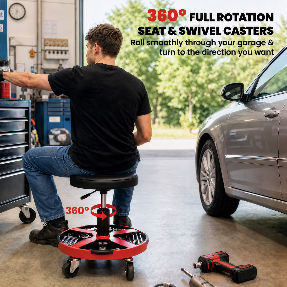 Black Rolling Mechanic Stool | 40-52 cm Adjustable Workshop Seat with 360° Swivel, Tool Tray, Bottle Holders & 135 kg Capacity