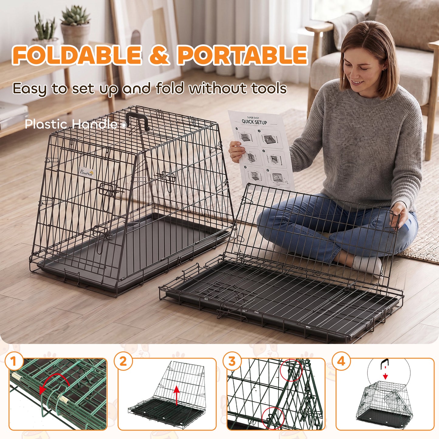 Collapsible Car Dog Crate | Slanted Boot-Fit Design | Removable Tray | Secure Latch | 76 x 48 x 53cm | Small Dogs | Black