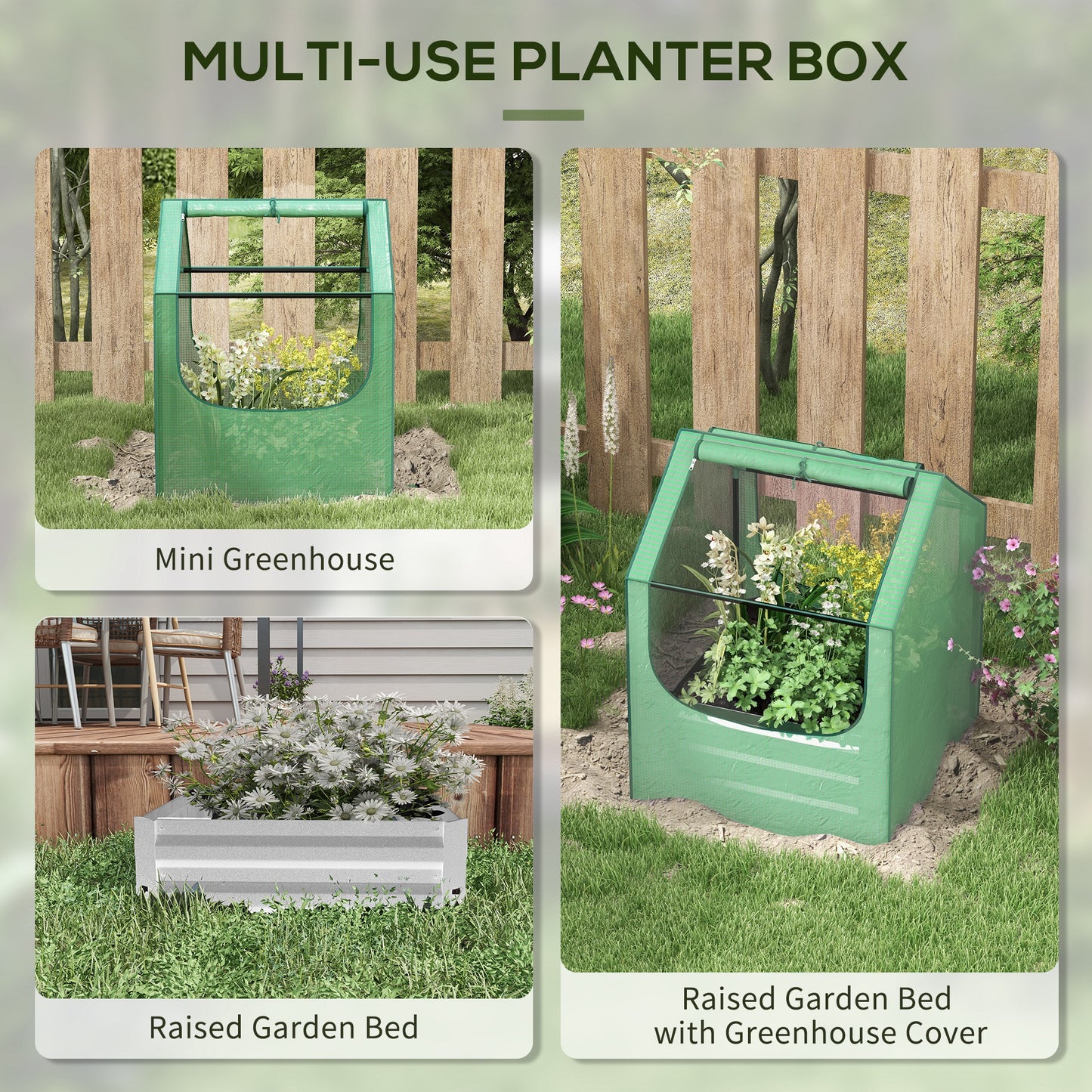 2-in-1 Raised Garden Bed with Mini Greenhouse Cover | Galvanised Steel Base | Open Bottom | 2 Roll-Up Windows | 61x61x29.5cm Bed | 70x70x90cm Cover | Green & Silver
