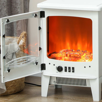 Tempered Glass Casing Electric Fireplace, Freestanding Fire with Realistic Flame Effect Log Burner with Overheat Protection, 950w/ 1850W, White