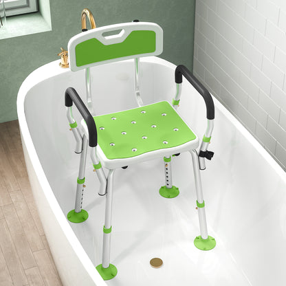 EVA Padded Shower Chair, Height Adjustable Shower Stool With Back and Arms, 4 Suction Foot Pads, Green