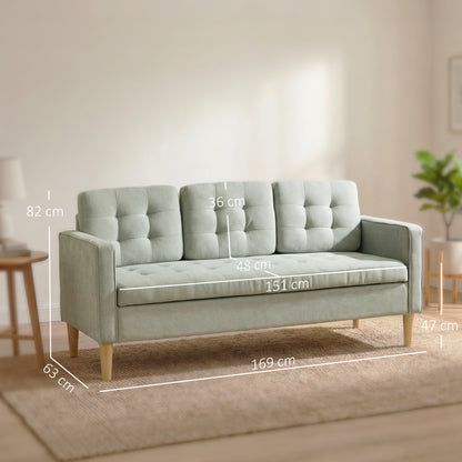 3-Seater Sofa with Hidden Under-Seat Storage | Button-Tufted | Snow Flannel | Eucalyptus Frame | 100kg per Seat | 169cm | Light Grey