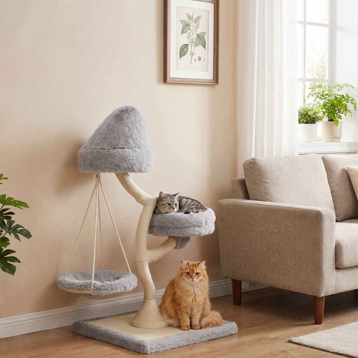 PawHut 115cm Modern Cat Tree | Branch-Style Sisal Scratching Post | 2 Washable Beds & Hanging Hammock | 60cm Base | Light Grey | For 1 Cat up to 6kg