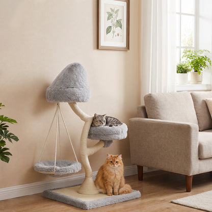 PawHut 115cm Modern Cat Tree | Branch-Style Sisal Scratching Post | 2 Washable Beds & Hanging Hammock | 60cm Base | Light Grey | For 1 Cat up to 6kg