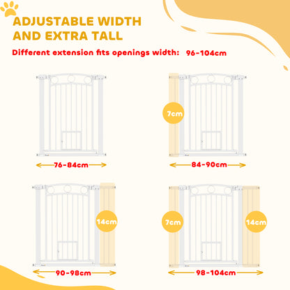 PawHut 96cm Tall Dog Gate with Cat Door, 7cm and 14cm Extensions, for Stairs & Doorways, 76-104cm Width