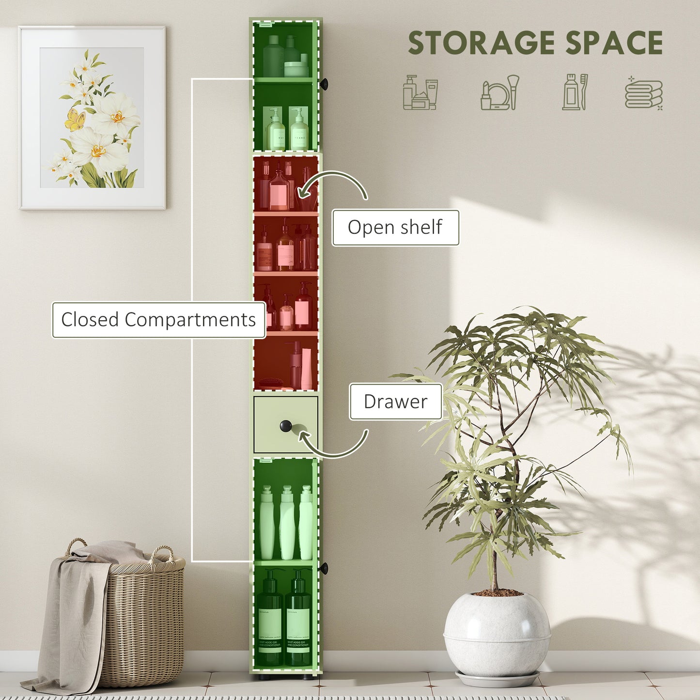 Kleankin 180cm Slim Bathroom Cabinet, with Drawer, Shelves and Cupboards - Green