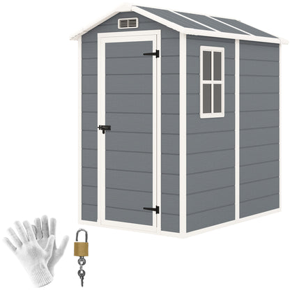 Outsunny 4 x 6ft Garden Shed, Plastic Shed with Floor, Window, Lockable Door and Vents, Resin Tool Shed for Outdoor Patio, Grey