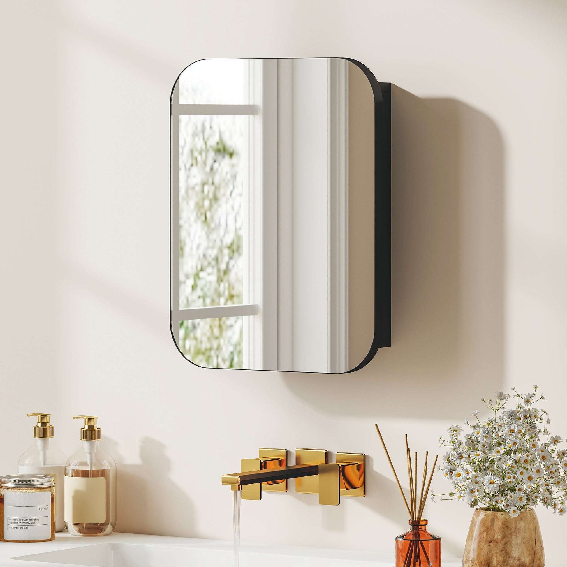 Bathroom Mirror Cabinet | Wall Mounted | 2 Adjustable Shelves | Soft Close Hinges | Arc Mirror | 40x10x51cm | 6kg | Black