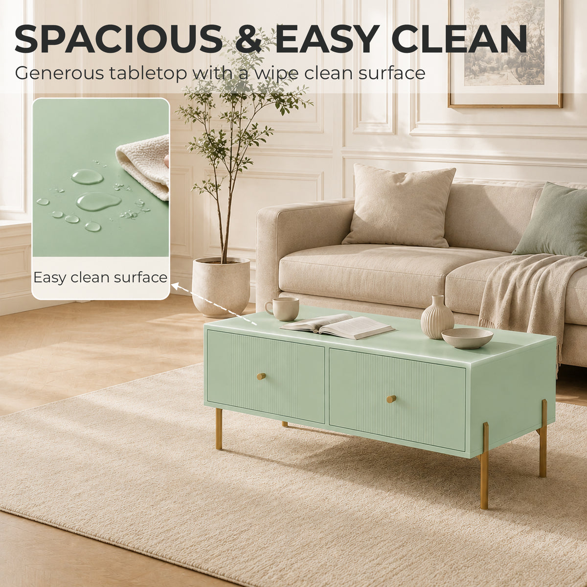 Modern Coffee Table with 2 Drawers | Light Green & Gold Tone | Particleboard Metal Legs | 100x50x43cm | 30kg | Melamine Surface | Metal Slide Runners | Living Room Bedroom