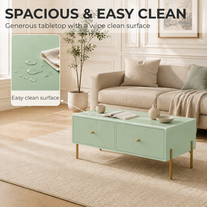 Modern Coffee Table with 2 Drawers | Light Green & Gold Tone | Particleboard Metal Legs | 100x50x43cm | 30kg | Melamine Surface | Metal Slide Runners | Living Room Bedroom