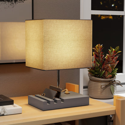 Bedside Table Lamp with USB-A & USB-C Charging Ports | 3 Device Organiser Slots | Solid Wood Base | TC Fabric Shade | Rocker Switch | E27 Max 40W | 1.5m Cable | 25x20x40.5cm | Bulb Not Included | Grey