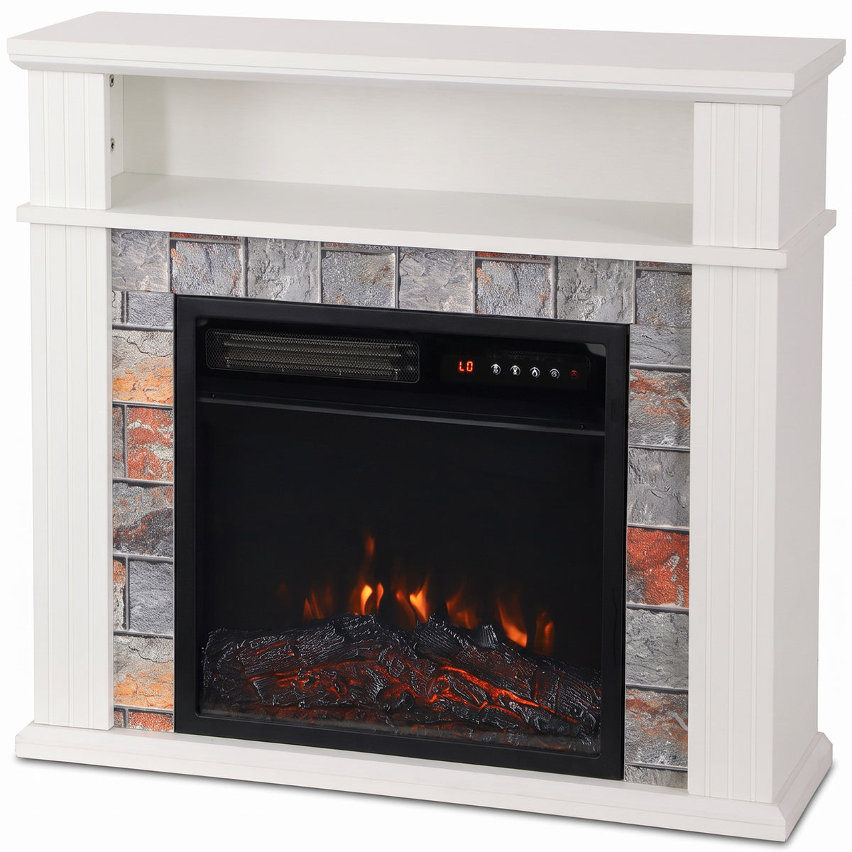 Electric Fireplace Suite | 1800W White Fire & Surround | Open Storage Shelf | Adjustable LED Flames | Remote & 8-Hour Timer