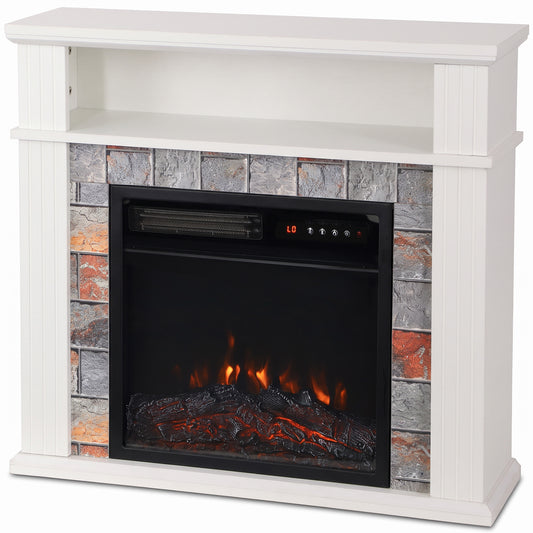 Electric Fireplace Suite | 1800W White Fire & Surround | Open Storage Shelf | Adjustable LED Flames | Remote & 8-Hour Timer
