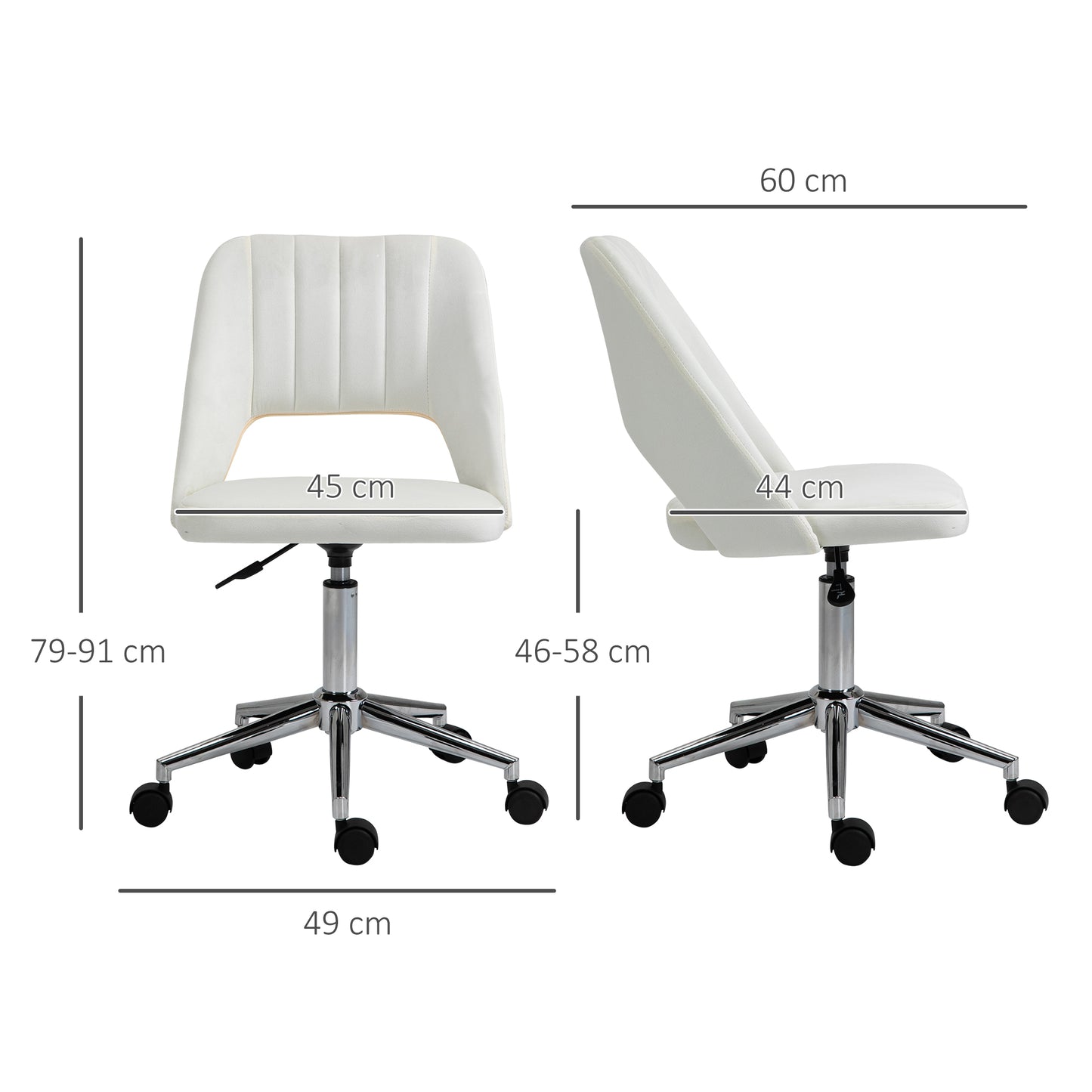 Armless Velvet-Feel Office Chair | Sponge Padded Seat & Back | 360° Swivel | 5 Wheels | Height Adjustable 46-58cm | 120kg | Bedroom Home Office Study | Cream White