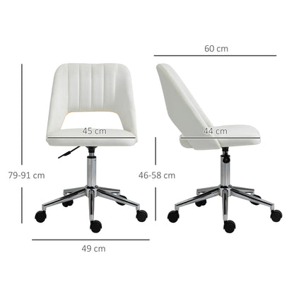 Armless Velvet-Feel Office Chair | Sponge Padded Seat & Back | 360° Swivel | 5 Wheels | Height Adjustable 46-58cm | 120kg | Bedroom Home Office Study | Cream White