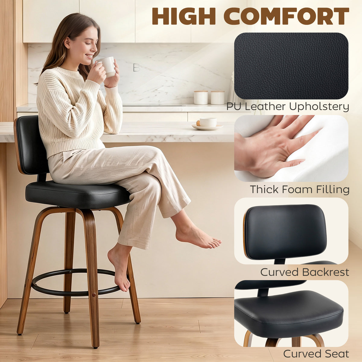 Bar Stools Set of 2 | 360° Swivel | 66cm Seat Height | 7.5cm Padded PU Seat | Curved Backrest | Steel Footrest | Poplar Wood Frame | Fire-Retardant Foam | 44x49x95cm | 120kg | Fits 89–99cm Bar Tables | Black