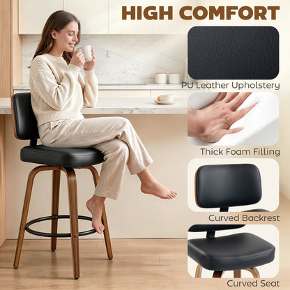 Bar Stools Set of 2 | 360° Swivel | 66cm Seat Height | 7.5cm Padded PU Seat | Curved Backrest | Steel Footrest | Poplar Wood Frame | Fire-Retardant Foam | 44x49x95cm | 120kg | Fits 89–99cm Bar Tables | Black