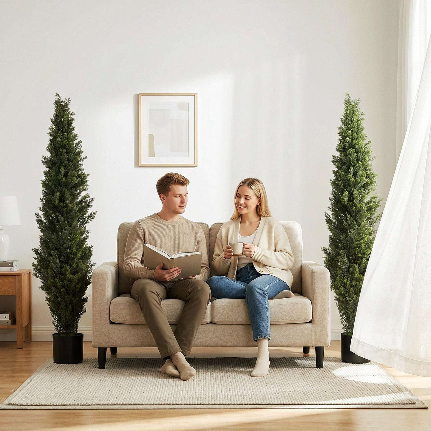Set of 2 Artificial Cypress Trees | 150cm | 2035 PE Leaves | Shapeable Branches | Cement Base | No Maintenance | Green