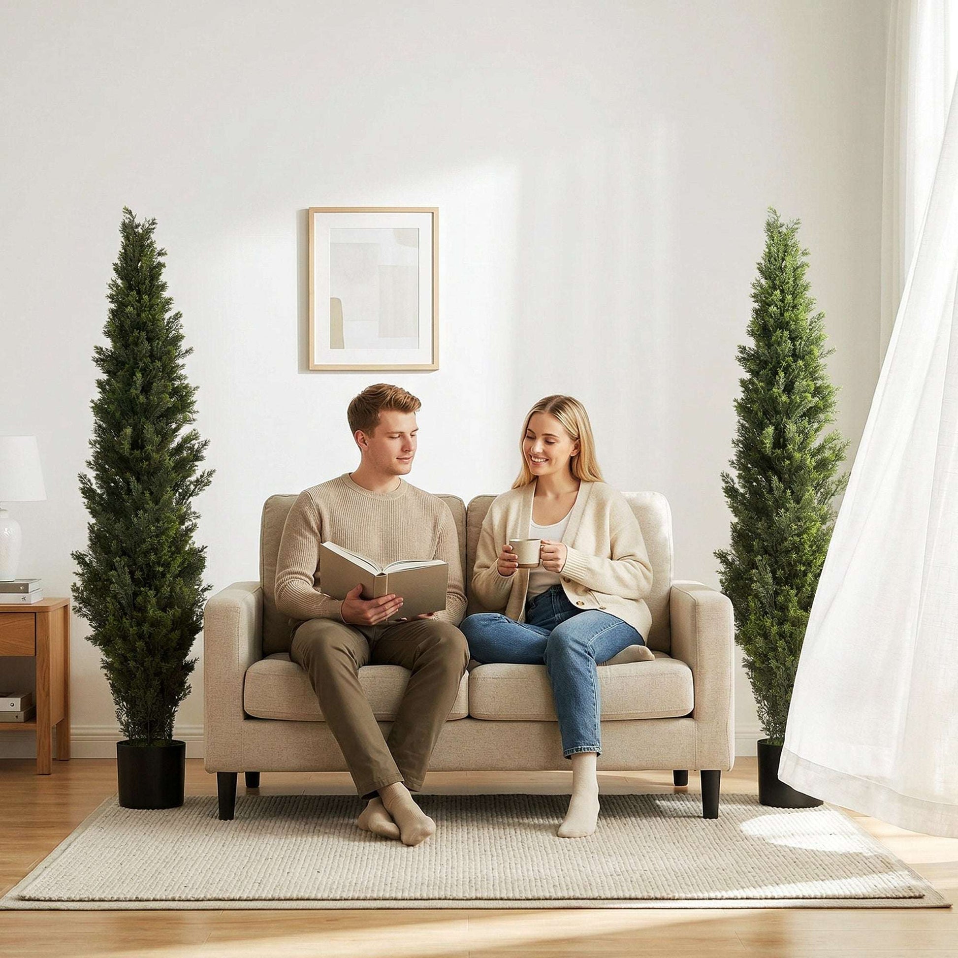 Set of 2 Artificial Cypress Trees | 150cm | 2035 PE Leaves | Shapeable Branches | Cement Base | No Maintenance | Green