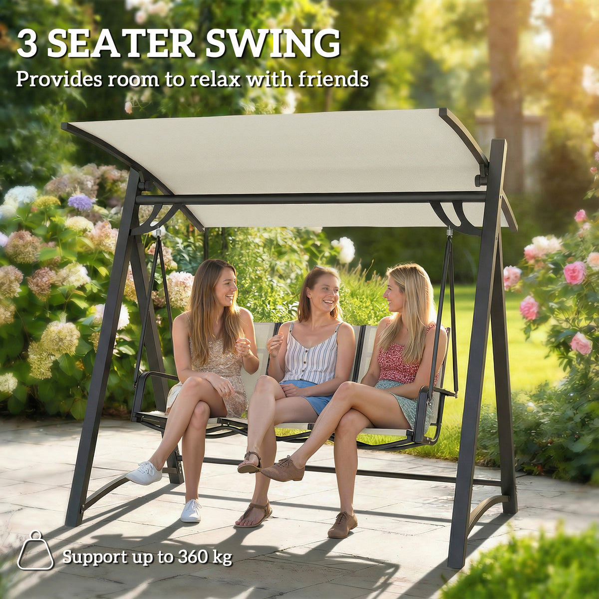 3-Seater Garden Swing Chair | UPF50+ Tilting Canopy | Breathable Texteline Seat | Powder-Coated Frame | 360kg Capacity | 188x130x183cm | Cream