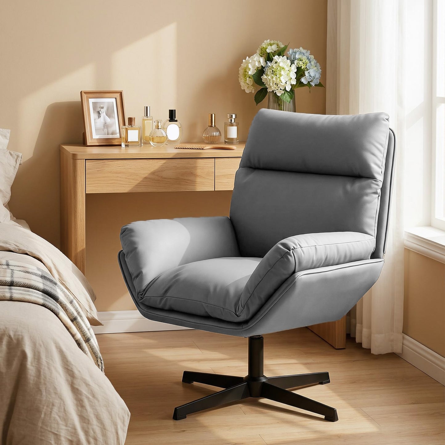 Accent Chair with 360° Swivel Armchair for Living Room with Padded Cushion Dark Grey / Dark Brown