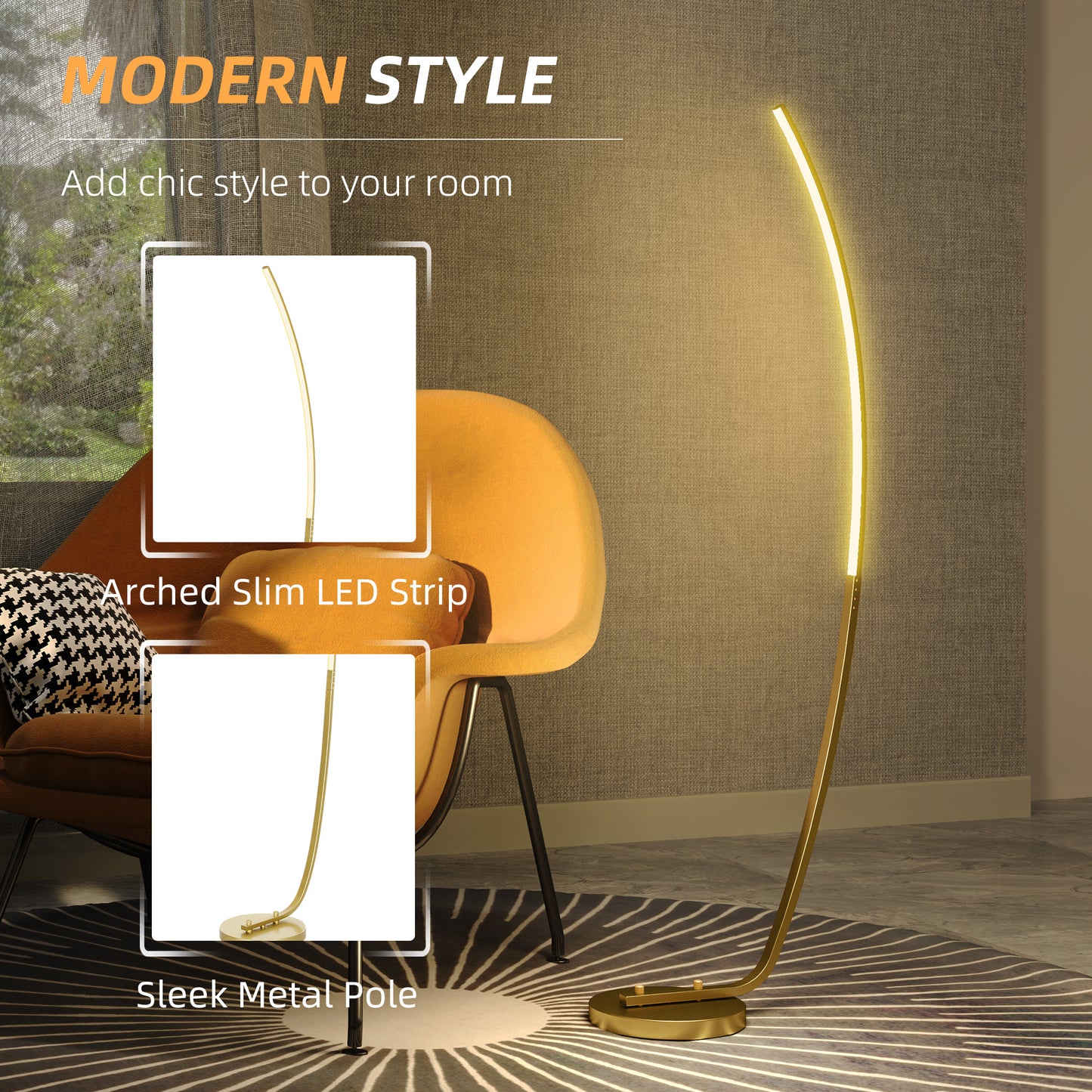 Modern 147cm Curved LED Floor Lamp - Gold Tone