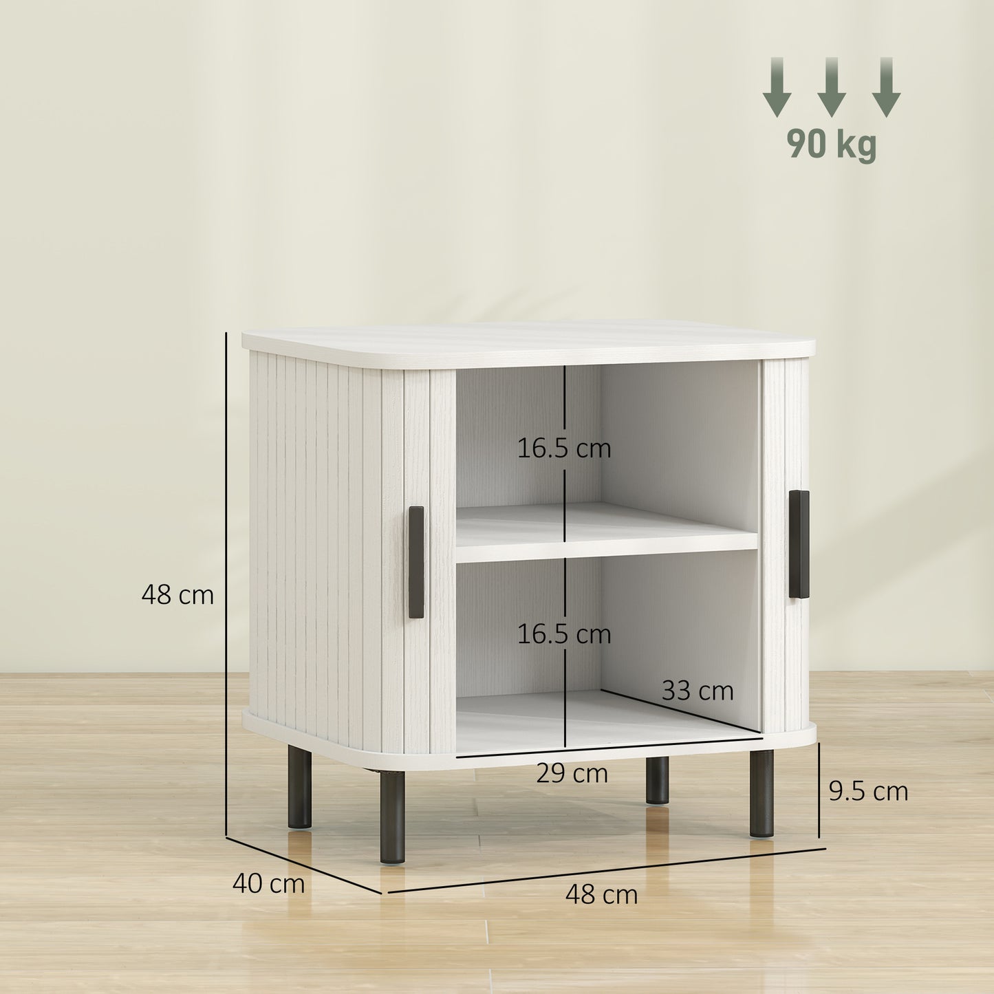 Nordic Bedside Table | Roller Shutter Sliding Doors | 2-Tier Storage | Steel Legs | Scratch-Resistant Melamine | 90kg Capacity | 48 x 40 x 48cm | White Wood Effect