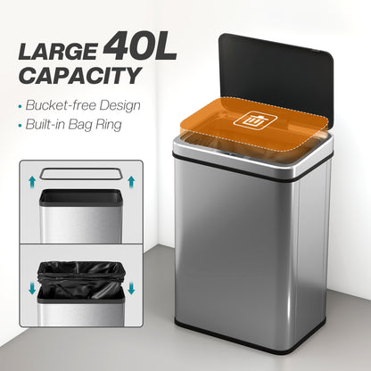40L Sensor Bin with Quiet Soft-Close Lid, Automatic Touch-less Motion Sensor Kitchen Bin with Fingerprint Resistant Stainless Steel, Silver Tone