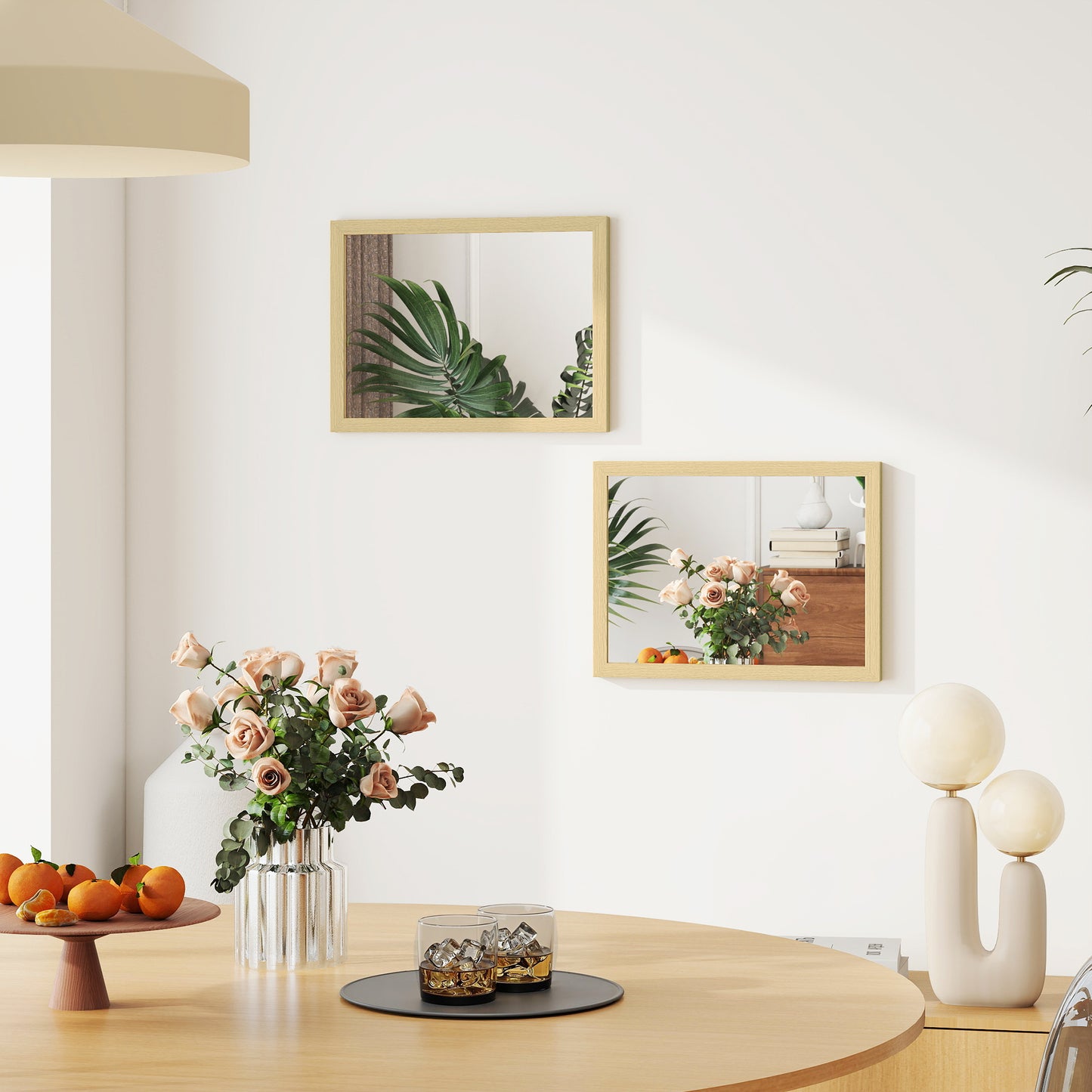 Set of 2 Wall Mirrors | Natural Wood Finish Frame | 30 x 40 cm