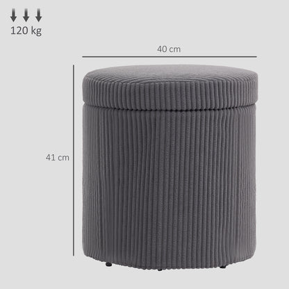 40cm Round Storage Ottoman, Corduroy Footstool with Removable Lid and Legs, Vanity Stool for Living Room, Bedroom, Grey