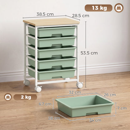 6-Tier Storage Trolley on Wheels | 5 Pull-Out Drawers | Rolling Kitchen Cart | Green