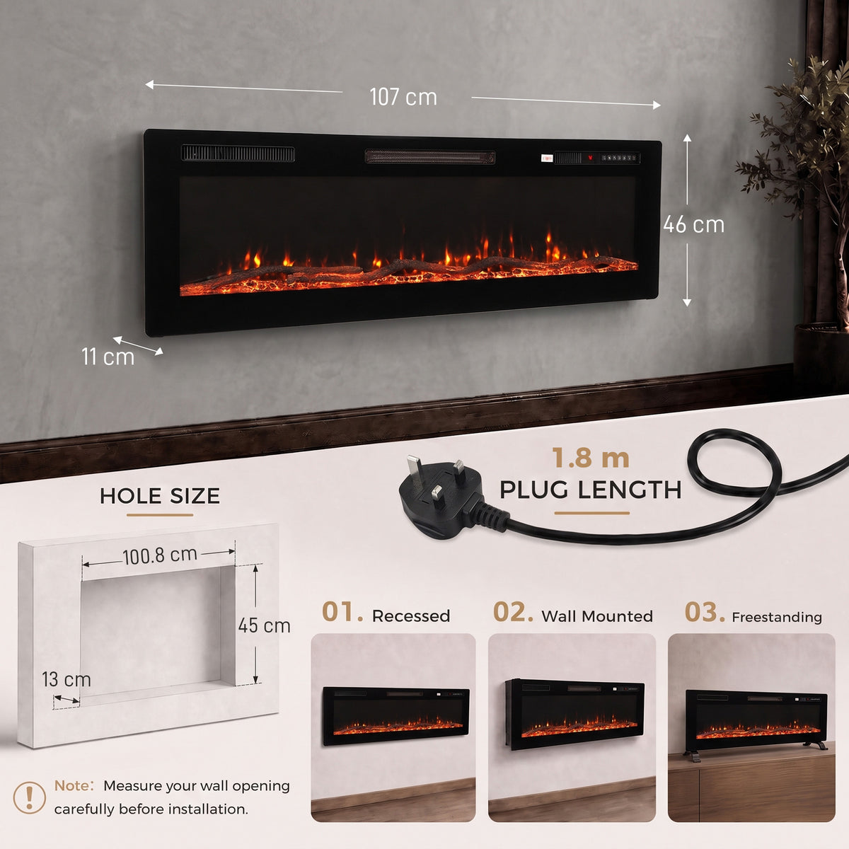 107cm Slim Electric Fireplace | Wall Mounted, Recessed or Freestanding | 900/1800W, 12 Flame Colours, Remote, ECO & 7-Day Timer | Black