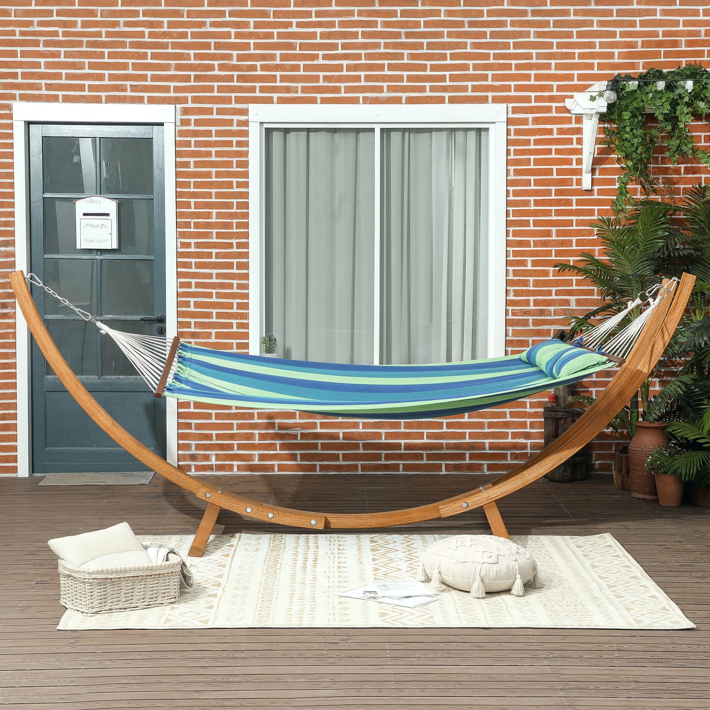 Outdoor Hammock with Stand, Garden Hammock with Triple-Head Eucalyptus Wood Arc Frame, 1 Person Cotton Bed and Head Pillow, Freestanding Garden Swing