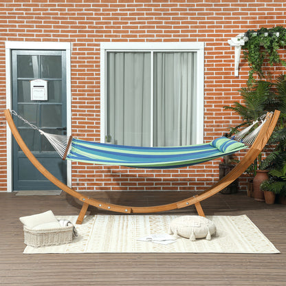 Outdoor Hammock with Stand, Garden Hammock with Triple-Head Eucalyptus Wood Arc Frame, 1 Person Cotton Bed and Head Pillow, Freestanding Garden Swing