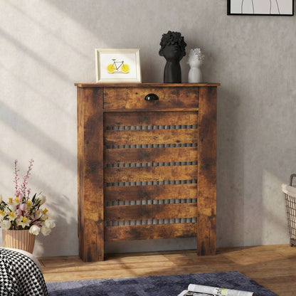 MDF & Particle Board Radiator Cover with 1 Drawer | Slatted Design | Skirting Board Cut-Outs | Easy-Fix Clips | Wood-Effect Top | 5kg Drawer Capacity | 78x19x95.5cm | Rustic Brown