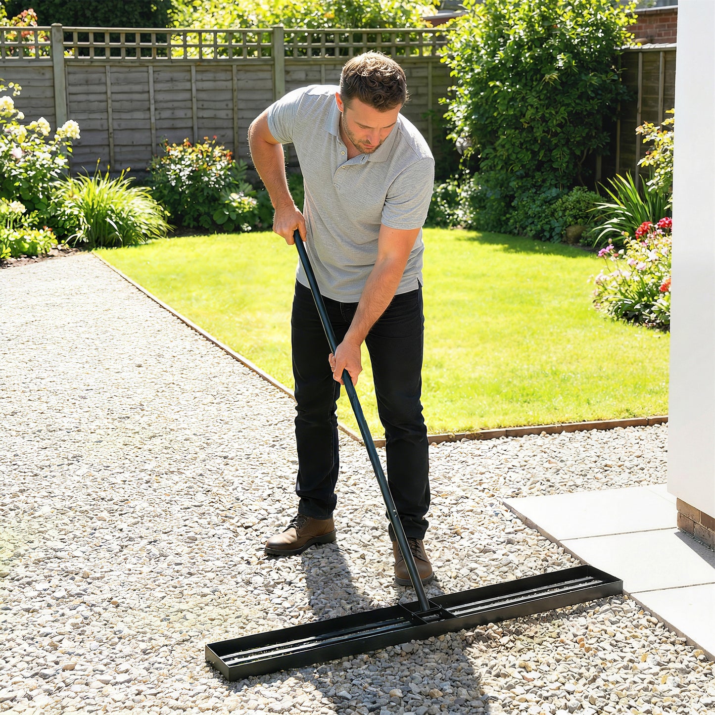 113cm Lawn Levelling Rake / Lawn Lute | 3-Section Handle 169cm | Rust-Resistant Metal | Green
